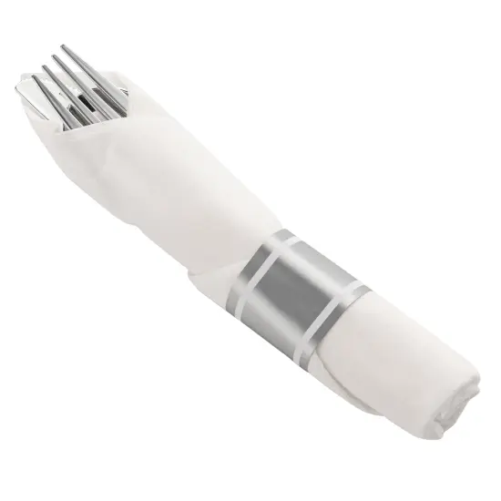 Durable Silver Plastic Cutlery in White Napkin Rolls Set - (100 Guests) {1}