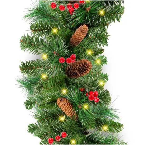 Best Choice Products 9ft Pre-Lit Pre-Decorated Garland w/ PVC Branch Tips, 50 LED Lights, Pine Cones, Berries Green - Corded {1}