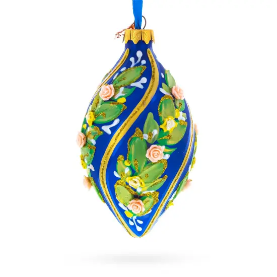 Swirl Roses on Blue Pointed Teardrop Finial Glass Christmas Ornament {3}
