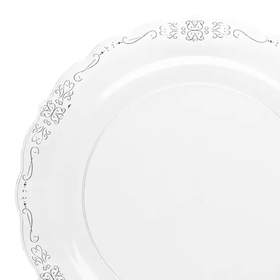 Clear with Silver Vintage Rim Round Disposable Plastic Dinner Plates - 10" (120 Plates) {1}