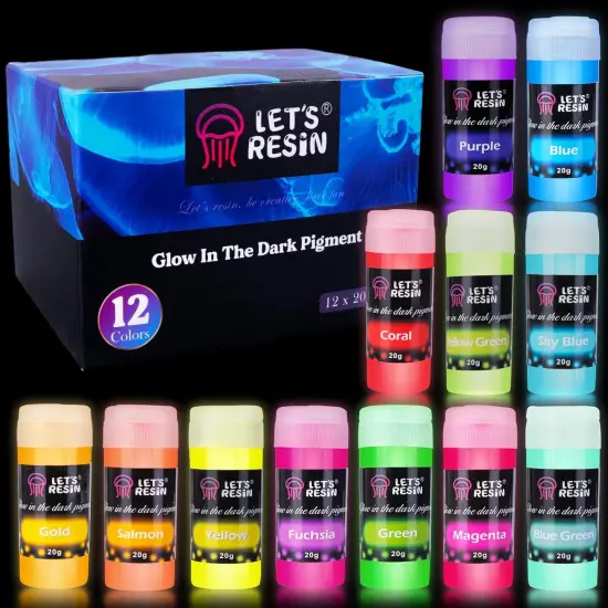 LET'S RESIN 12 Colors Glow in The Dark Pigment Powder - 20g/0.7oz Each Bottle Epoxy Resin Luminous Pigments Long Lasting for Slime, Nails, Acrylic Paint, Halloween Decoration,Art,Crafts {1}