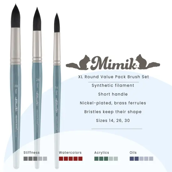 Creative Mark Mimik Professional Watercolor Brushes - XL Round Set of 3- Synthetic Squirrel Hair - Natural Bristle Artist Brushes for Watercolors, Gouache & Acrylics - Imitates Natural Squirrel and Sable Hair {3}