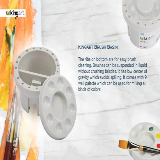 KINGART&reg; Round Brush Tub Basin with Built In 9-Well Paint Palette {6}