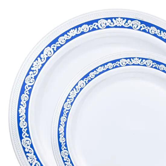 White with Blue and Silver Royal Rim Plastic Dinnerware Value Set (120 Guests) {1}