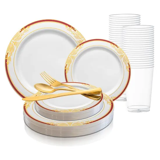 White with Burgundy and Gold Harmony Rim Plastic Wedding Value Set (120 Settings) {1}