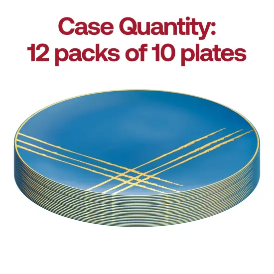 Blue with Gold Brushstroke Round Disposable Plastic Dinner Plates - 10.25" (120 Plates) {4}