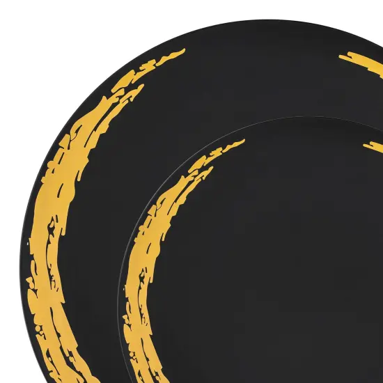 Black with Gold Moonlight Round Disposable Plastic Dinnerware Value Set (120 Guests) {1}