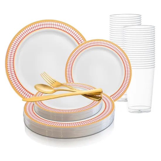 White with Red and Gold Chord Rim Plastic Wedding Value Set (120 Settings) {1}