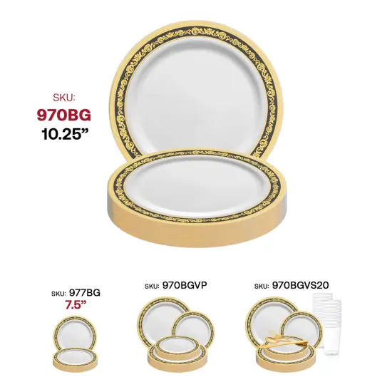 White with Black and Gold Royal Rim Plastic Dinner Plates - 10.25" (120 Plates) {6}