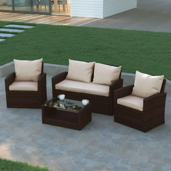 Emma and Oliver 4 Piece Patio Set with Gray Back Pillows & Seat Cushions - Outdoor Seating Beige/BrownFrame {3}