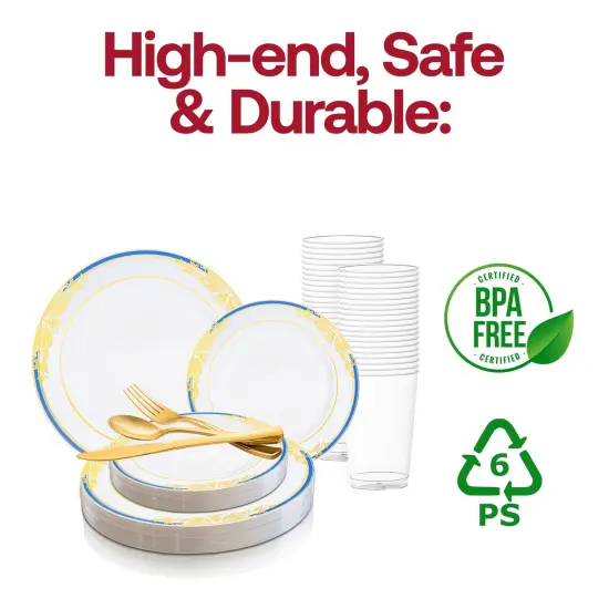 White with Blue and Gold Harmony Rim Plastic Wedding Value Set (120 Settings) {4}