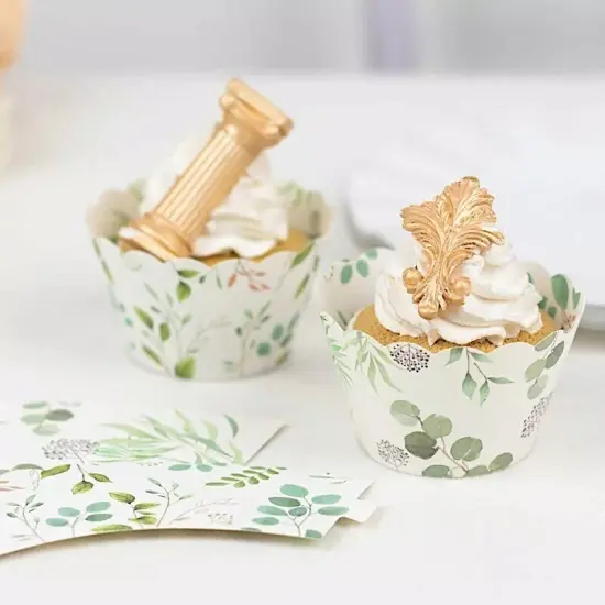 25 White Paper Cupcake WRAPPERS Green Eucalyptus Leaves Print Party Decorations {4}
