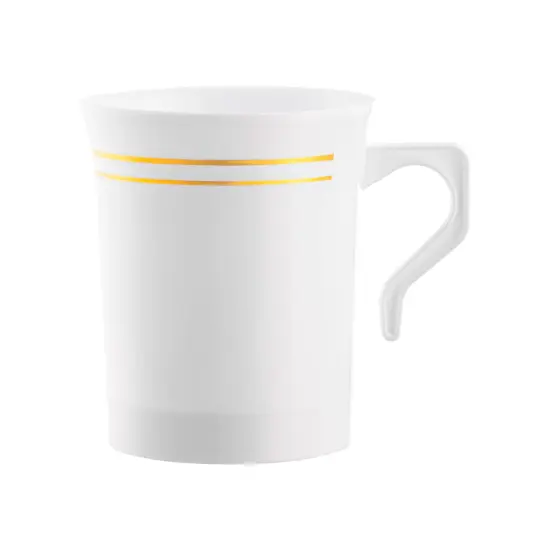 White with Gold Edge Rim Round Plastic Coffee Mugs - 8 oz. (120 Mugs) {1}
