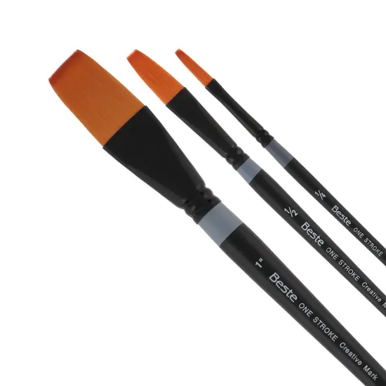 Creative Mark Beste Golden Taklon One Stroke Set of 3 Artist Paint Brush, Professional Watercolor Brushes, For Acrylic Painting, Short Handle, Sharp Edges, Hand-Tied & Shaped {1}