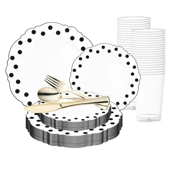 White with Black Dots Round Blossom Disposable Plastic Wedding Value Set (60 Settings) {1}