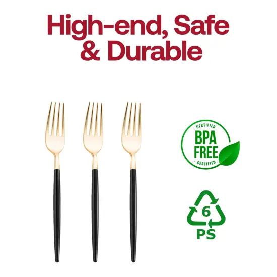 Gold with Black Handle Moderno Disposable Plastic Dinner Forks (240 Forks) {4}