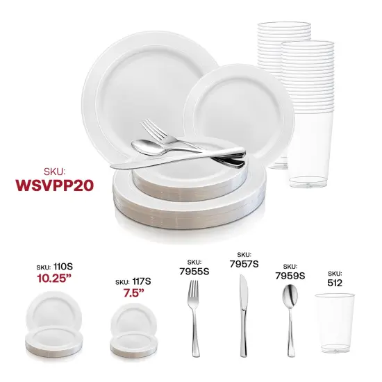 White with Silver Edge Rim Plastic Wedding Value Set (20 Settings) {5}