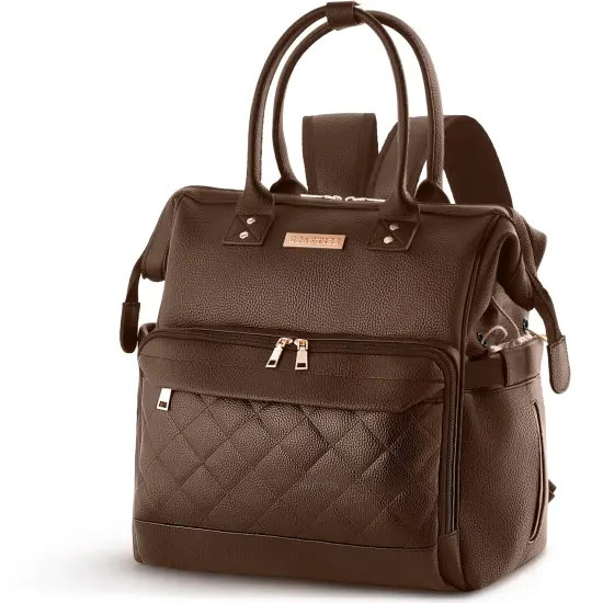 Brown Yarn Storage Backpack for Knitting & Crocheting on the Go - Faux Leather Water-Resistant Bag with USB Port {1}