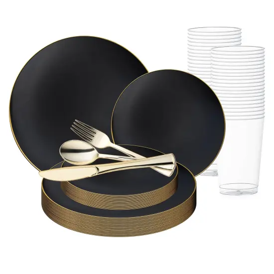 Black with Gold Rim Organic Round Disposable Plastic Wedding Value Set (120 Settings) {1}