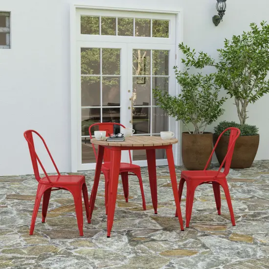 Merrick Lane Dryden Indoor/Outdoor Dining Table, 30" Round All Weather Poly Resin Top with Steel Base Brown Top/Red Frame {1}