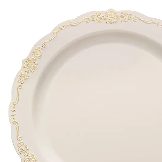 Ivory with Gold Vintage Rim Round Disposable Plastic Appetizer/Salad Plates - 7.5" (120 Plates) {1}
