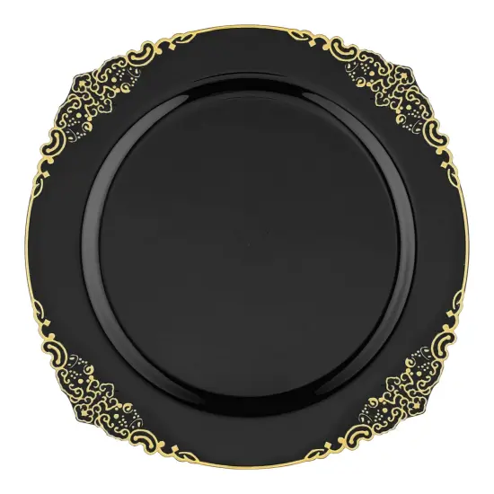 Black with Gold Fancy Round Disposable Plastic Salad Plates - 7.5" (120 Plates) {2}