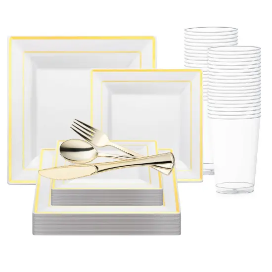 White with Gold Square Edge Rim Plastic Wedding Value Set (20 Settings) {1}