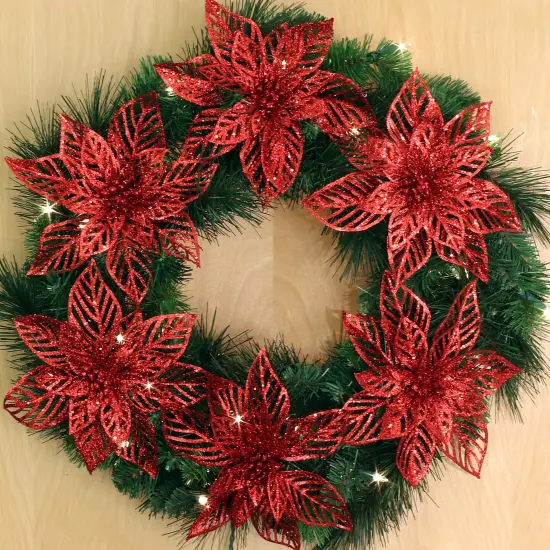 8.5" Red Glitter Poinsettia Flower, Christmas Holiday Decoration, Ideal for Holiday Decor, Xmas Floral Arrangements, Home Decoration {4}