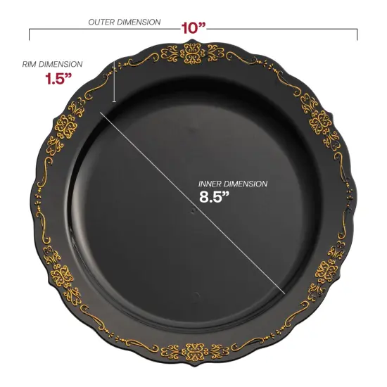 Black with Gold Vintage Rim Round Disposable Plastic Dinner Plates - 10" (120 Plates) {3}