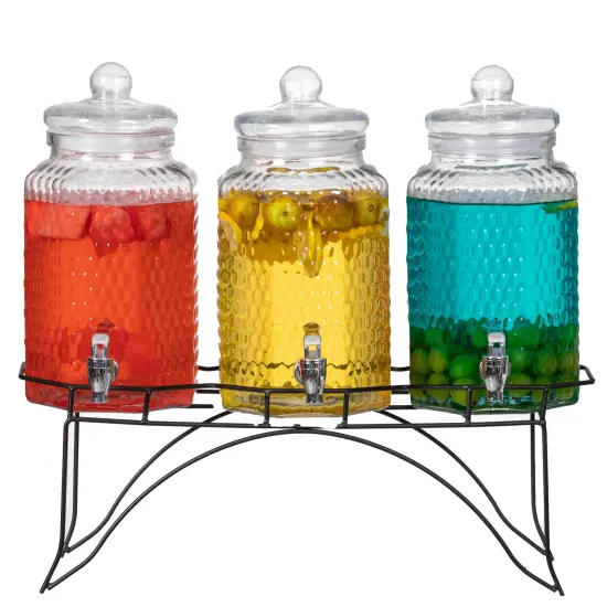 Basicwise 3-Piece Glass Drink Dispenser Set with Metal Stand and Stainless Steel Spigot - Beverage Dispensers for Lemonade, Juice, Water, Iced Tea, and Punch - Ideal for Tea Party and Other Occasions {1}