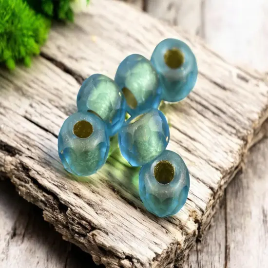 *15* 8x12mm Gold Washed Matte Blue Aqua Faceted Large Hole Rondelle Roller Beads {3}