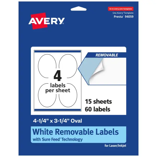 Avery Matte White Removable Oval Labels with Sure Feed Technology, Print-to-the-Edge, 4.25" x 3.25" {7}