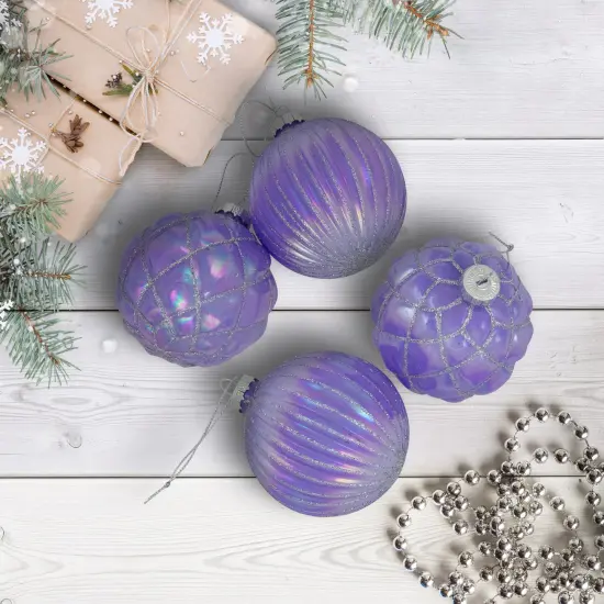 Northlight Shiny Glittered Iridescent Glass Ball Christmas Ornaments - 3" (80mm) - Purple- 4ct {1}