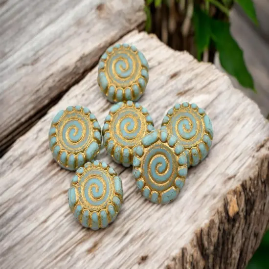 *6* 16mm Gold Washed Matte Turquoise Spiral Coin Beads {4}