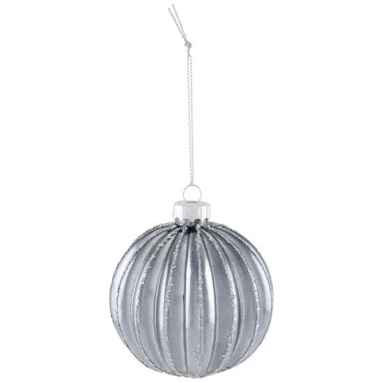 Northlight Geometric Glittered Shiny Glass Ball Christmas Ornaments - 3" (80mm) - Pewter- 4ct Silver {5}