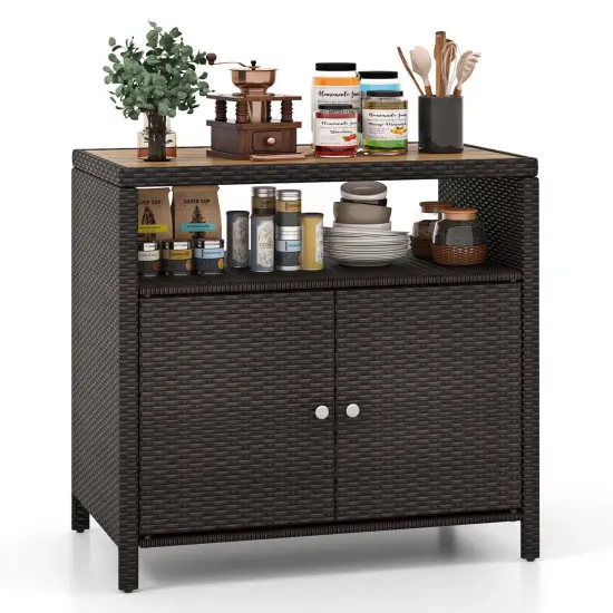 Costway Patio Rattan Storage Cabinet with Acacia Wood Countertop Open Shelf 2 Door Cabinet Black/Mix Brown {7}