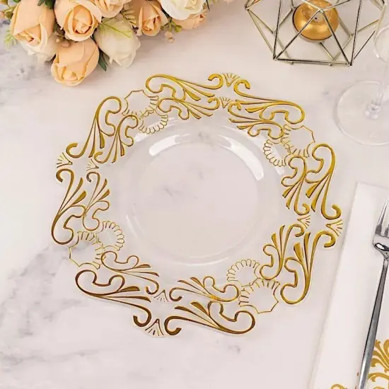 10 Clear 8 in Round Disposable Dinner Plastic PLATES Gold Baroque Design Party {3}