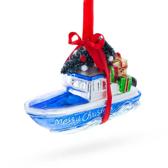 Boat with Tree and Present Glass Christmas Ornament {1}