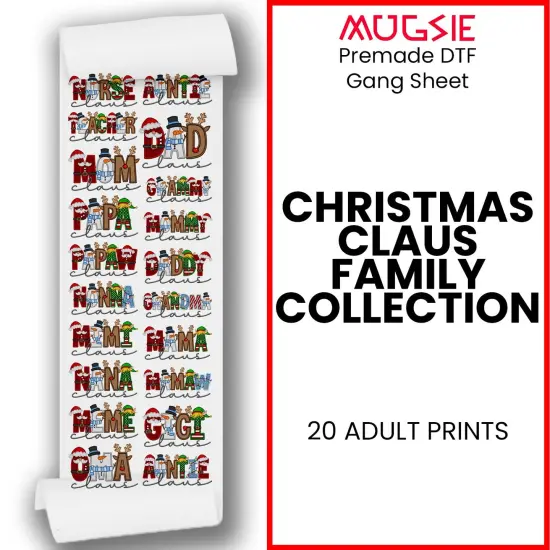 Christmas Claus Family Collection - DTF Transfer 22x60 Direct-to-Film Gang Sheets - 20 Adult Prints Iron On Transfers {1}