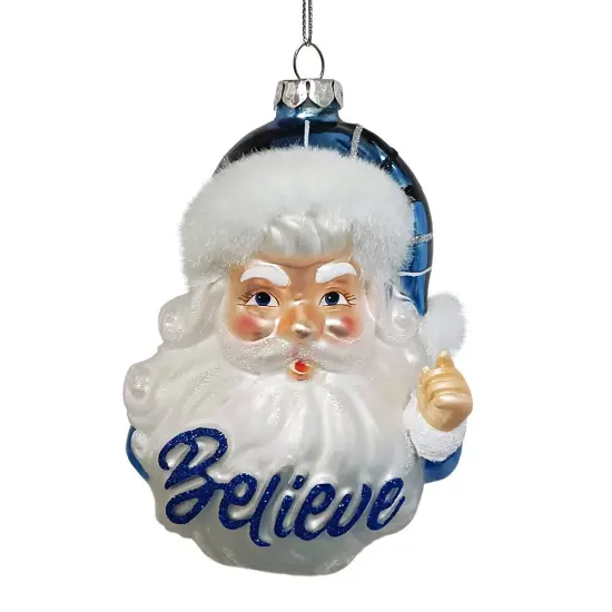 Vintage Blue Santa Believe Glass Christmas Ornament {1}