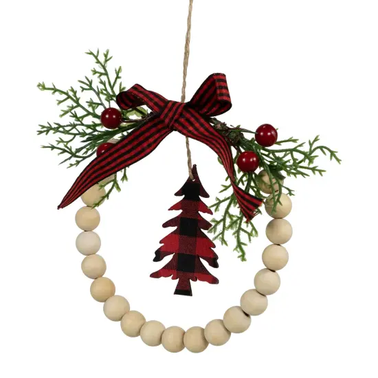 Northlight Buffalo Plaid Tree and Bow Wooden Beaded Christmas Wreath Ornament - 5.5" Ivory {6}