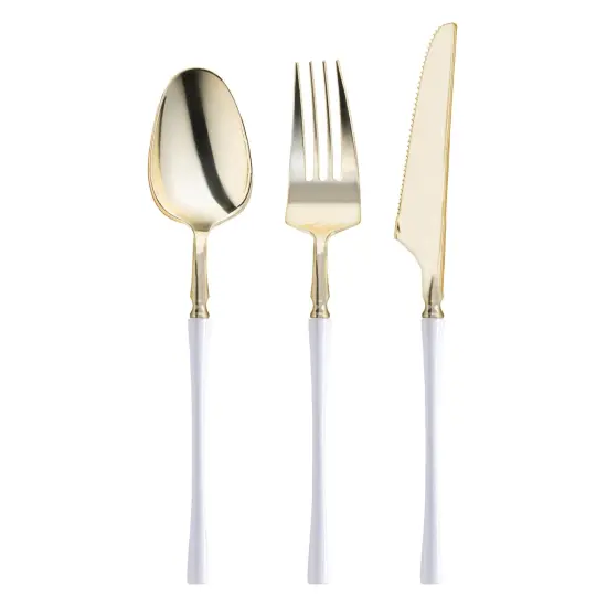 Gold with White Handle Moderno Disposable Plastic Cutlery Set (240 Guests) {1}