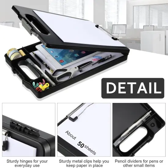 6 Pcs Heavy Duty Clipboard with Storage and Handle Plastic Compartments Built-in Pen Holder Large Capacity Foldable Clipboard with Storage and Clip, 9.8x15.3(Black) {4}