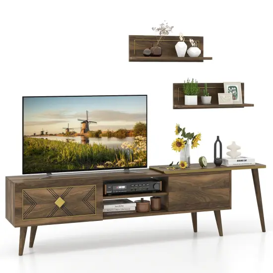 75" Walnut Entertainment Center with Floating Wall Shelves and Cabinet Storage for Living Room {2}