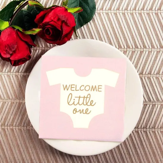 100-Pack “Welcome Little One” Baby Shower Napkins for Boys, Gold Foil Gender Reveal Decorations, Light Pink (5x5 In) {5}