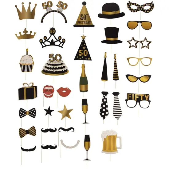 50th Birthday Photo Booth Props - 60-Pack Birthday Party Supplies, Selfie Props, Party Favors for Cocktail Parties, Black and Gold {5}