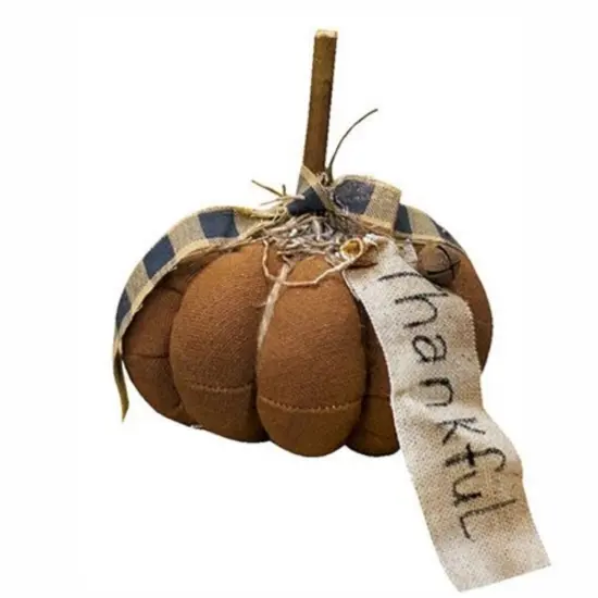 Brown Fabric Stuffed Thankful Pumpkin with Gingham Bow, Vine, and Burlap Tag {1}