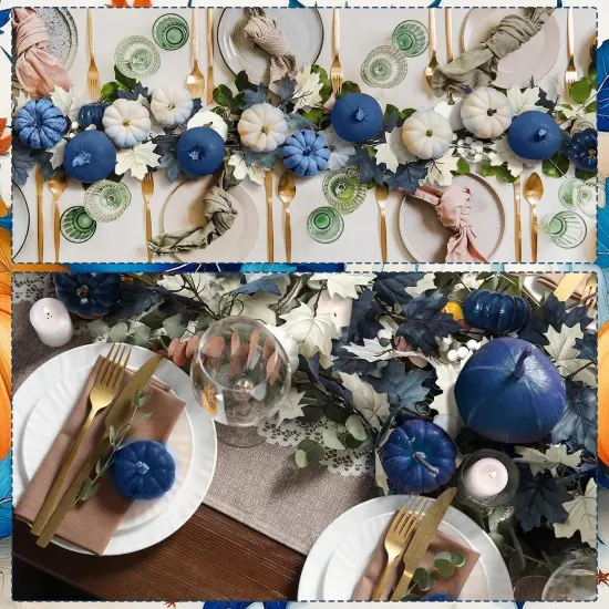6ft Fall Blue Garland with Pumpkin and Autumn Leaves {5}