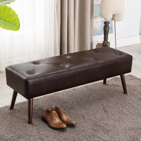 Leather Tufted Bed Bench with Metal Finish and Wood Legs Dark brown {5}