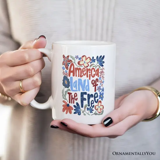 America Land of the Free Mug, Retro Floral Independence Day Gift {2}